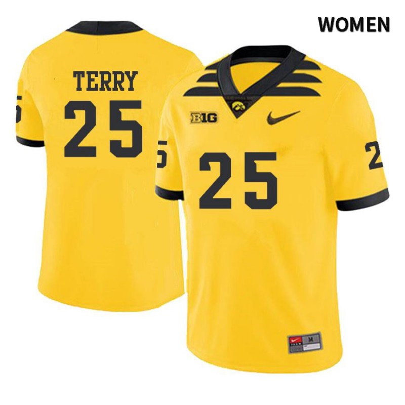 Women's Iowa Hawkeyes NCAA #25 Jackson Terry Yellow Authentic Nike Alumni Stitched College Football Jersey BD34D30QH
